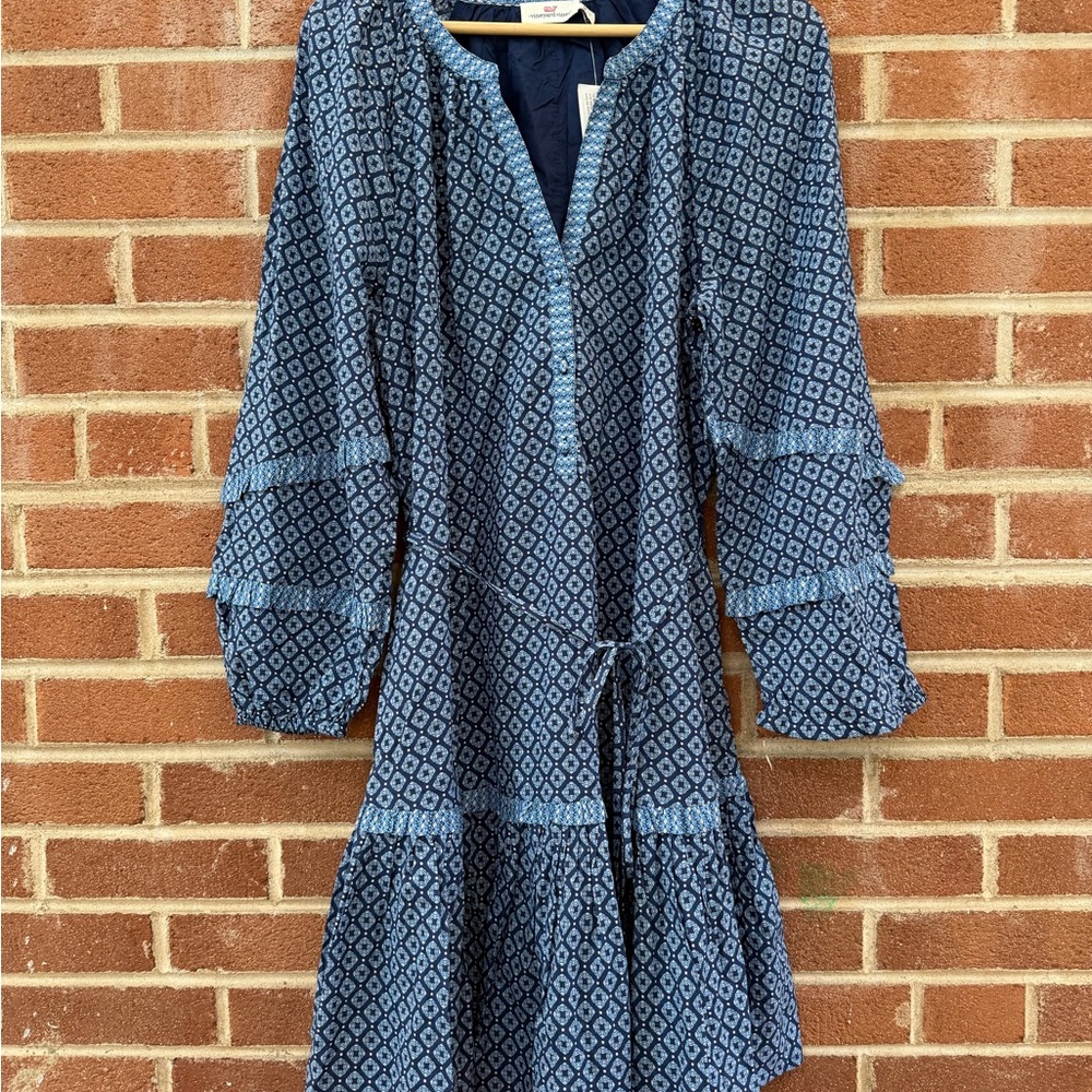 Vineyard Vines Dress Chelsea Blue Geo Ruffle Size Large Tie Waist 100% Cotton